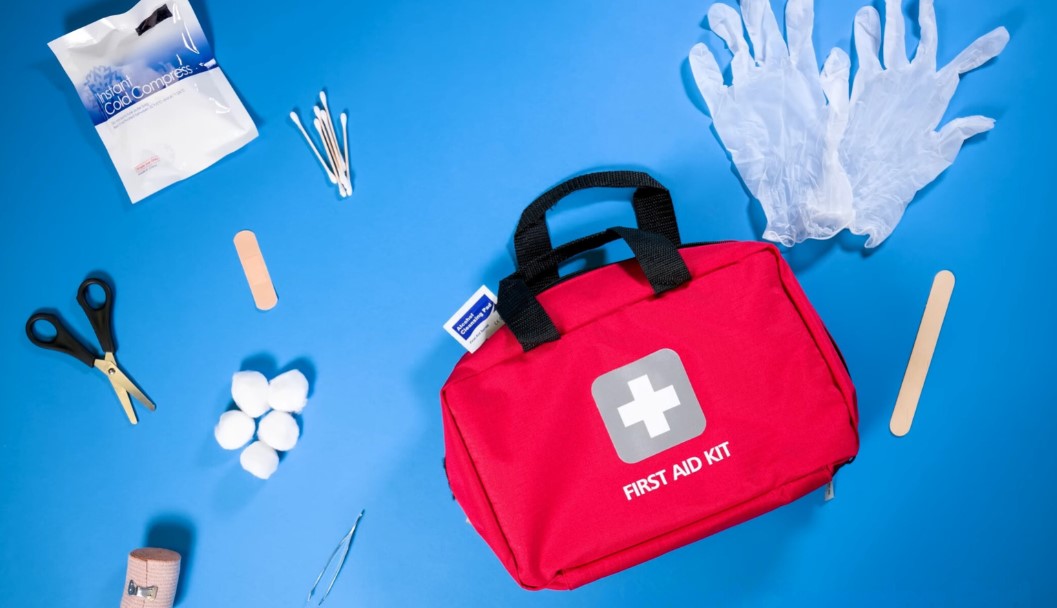 First aid kit on a blue background