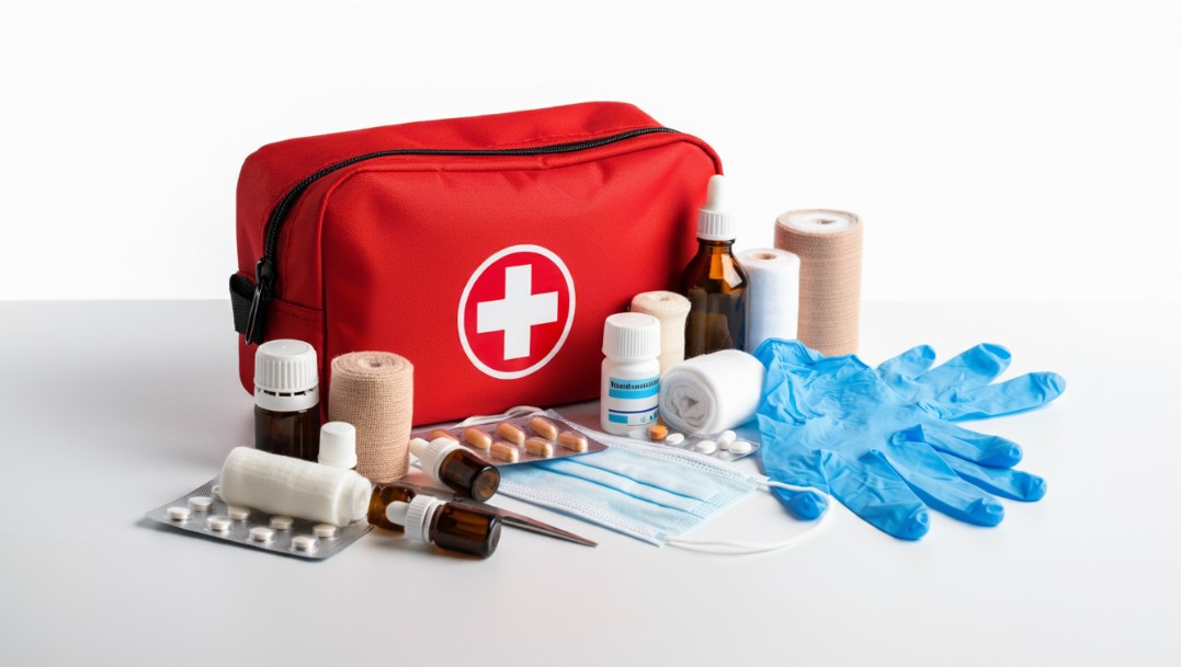 First aid kit items on a light background