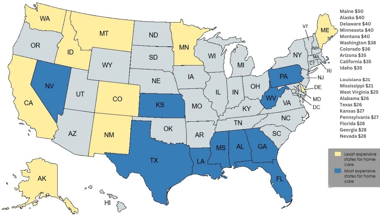 Map with least and most expensive states for home care per median hourly cost