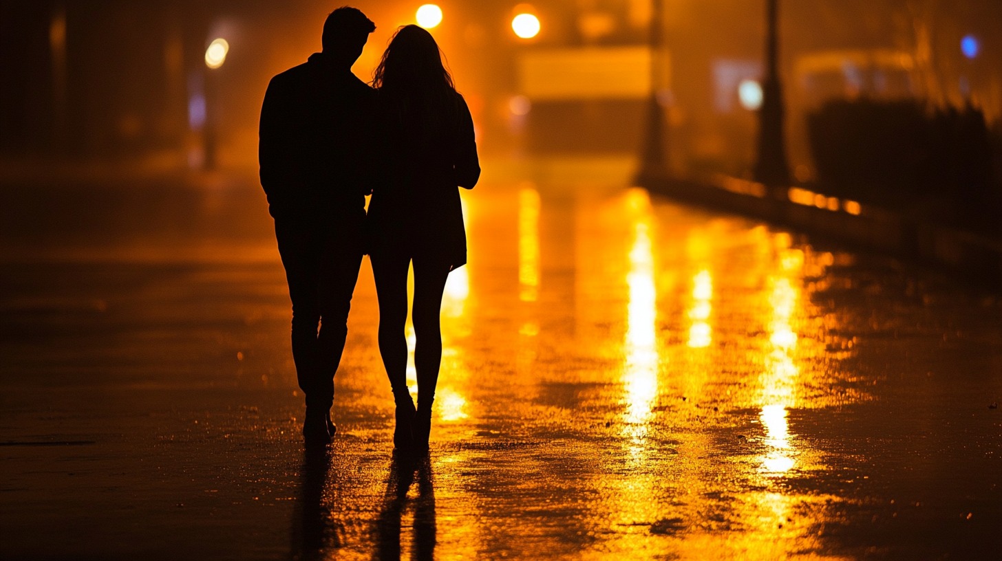 Silhouette of a couple walking together on a wet street illuminated by streetlights at night