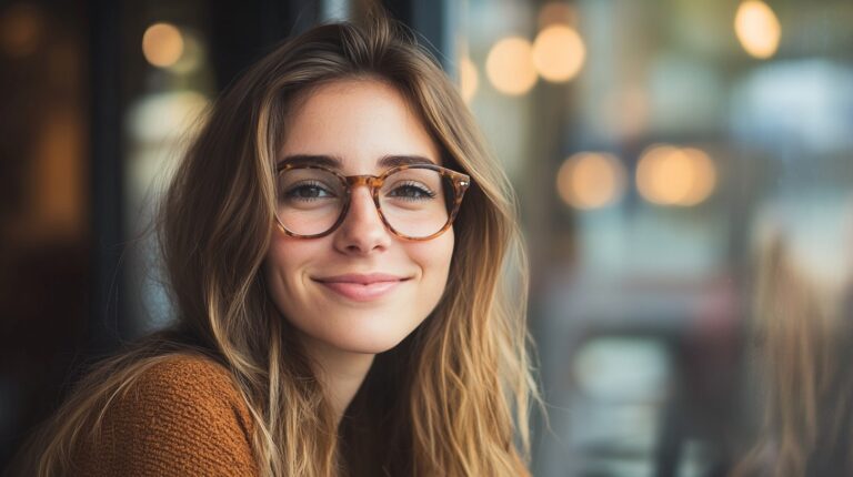 Smiling woman with glasses and long hair sitting in a softly lit cafe