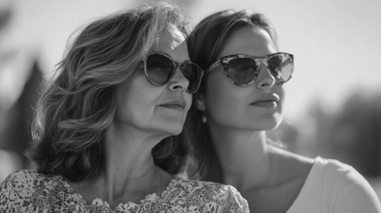 Black and white photo of a mother and daughter wearing sunglasses, looking into the distance