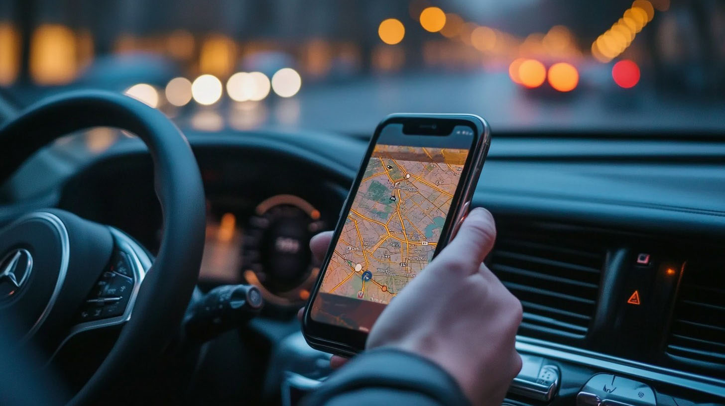 Person holding a smartphone displaying a navigation app inside a car with city lights in the background