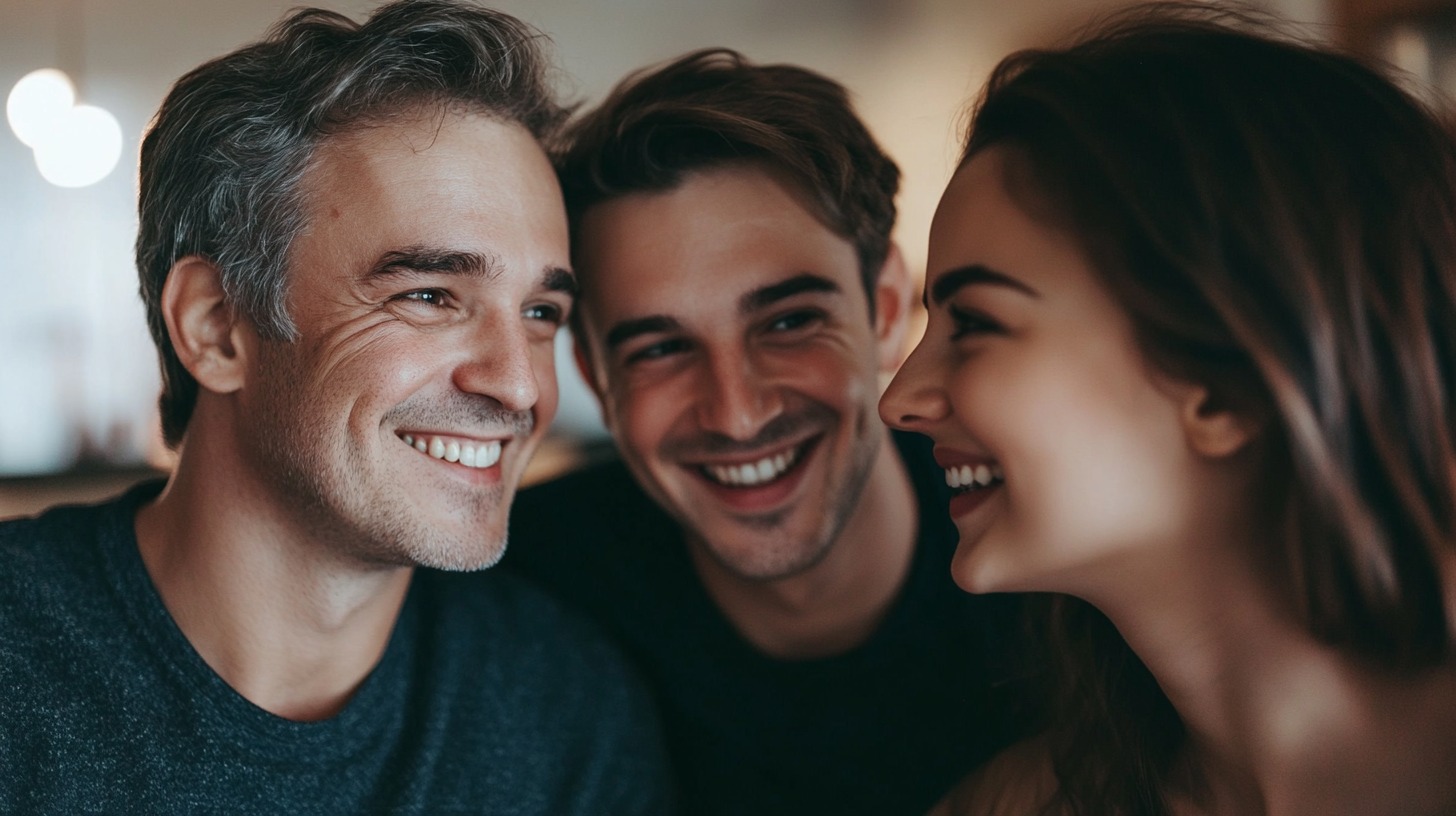 A group of smiling adults, including an older man and two younger people, enjoying a warm and happy moment together