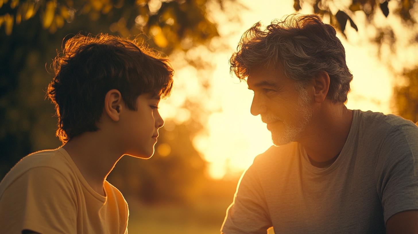 A father and son sharing a quiet, meaningful moment during sunset, with a warm and serene background