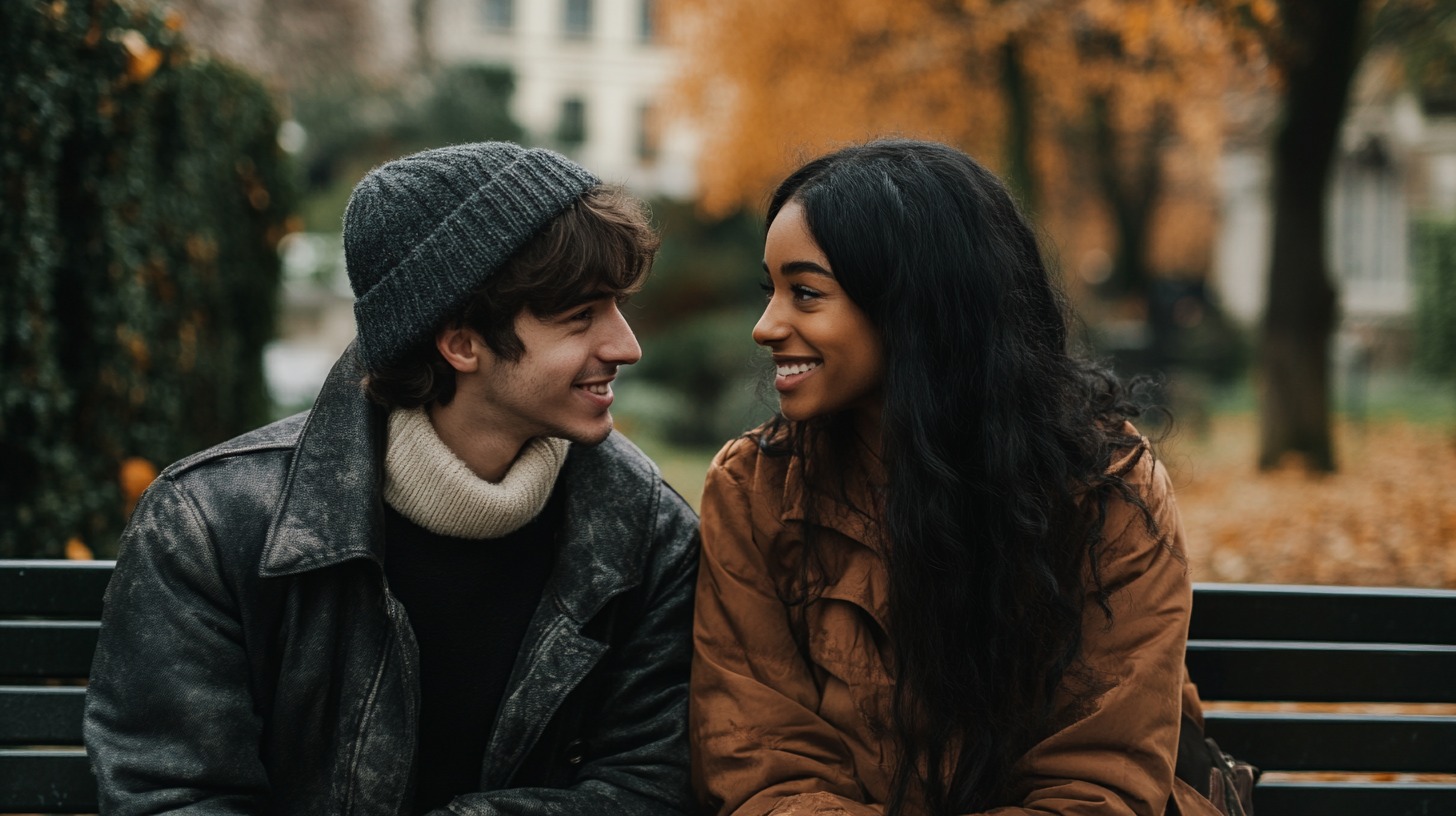 A young couple sitting on a park bench, smiling at each other with autumn leaves in the background