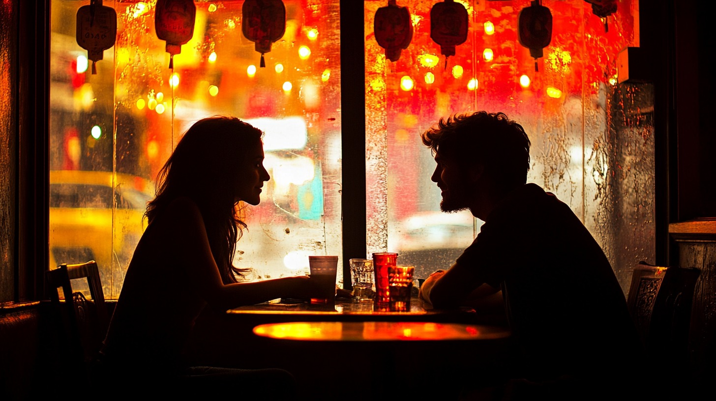 Silhouette of a couple sitting at a dimly lit table in a cozy restaurant with warm red and yellow lighting