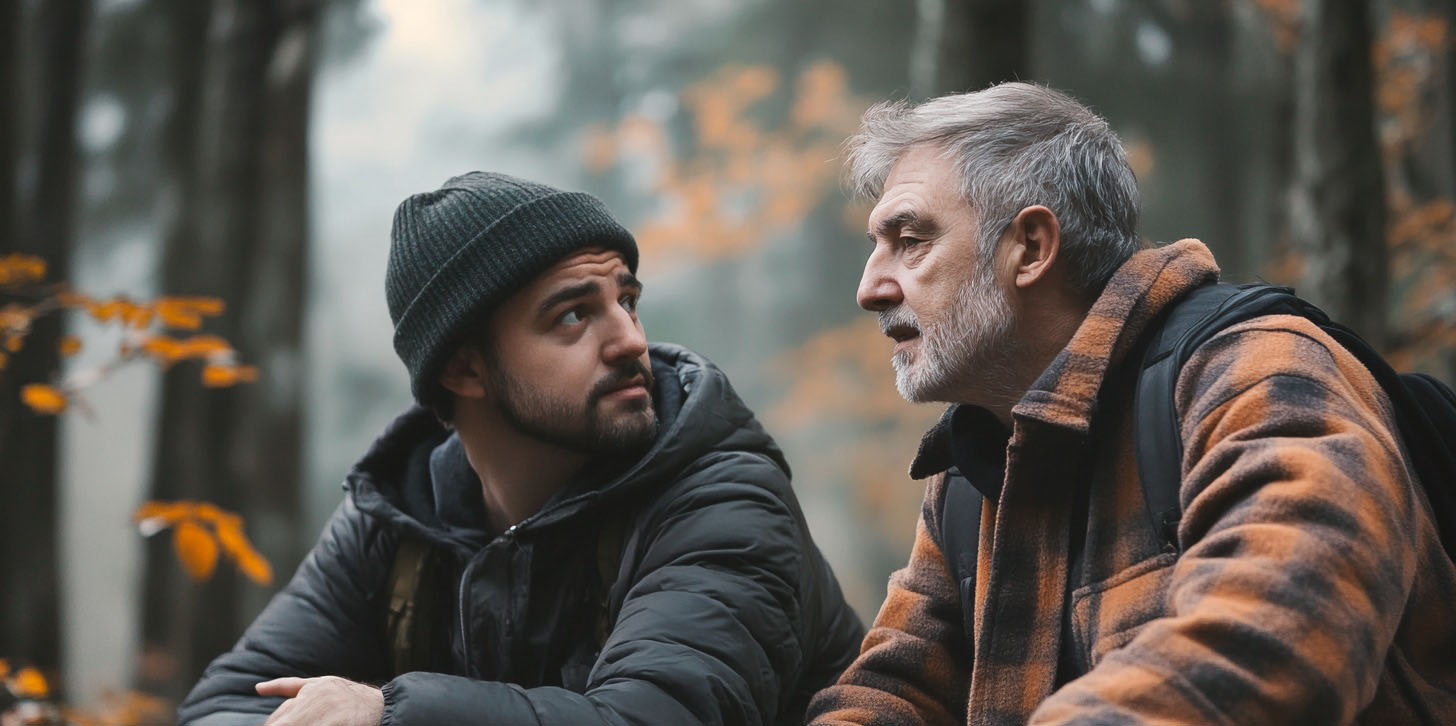 Father and son having a thoughtful conversation in a forest, surrounded by autumn foliage