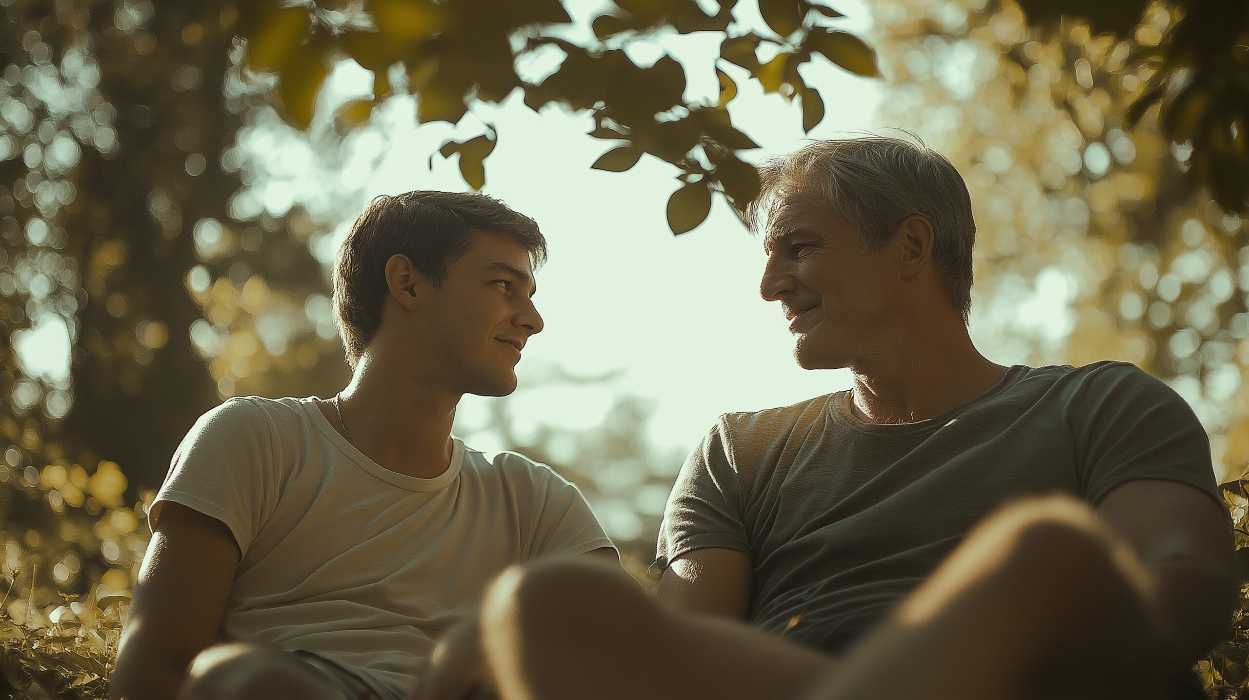 A father and son sitting outdoors, sharing a warm smile under dappled sunlight with leaves overhead